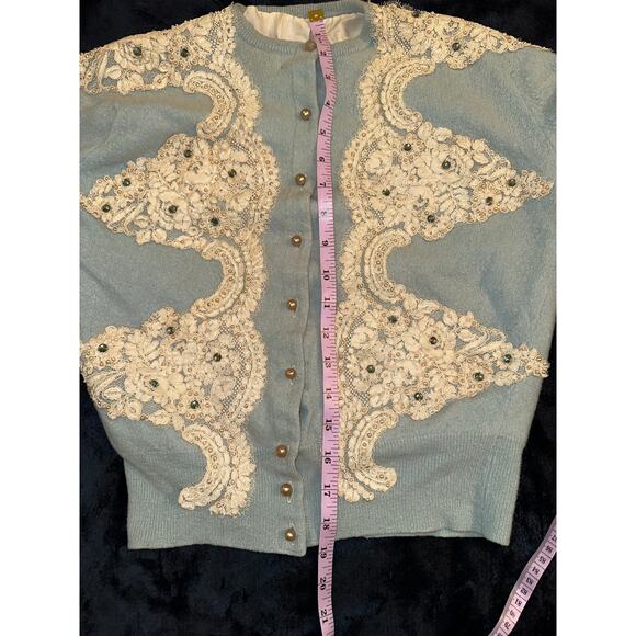 SPECTACULAR LINED VINTAGE LACE & JEWEL TRIM CARDIGAN SWEATER - Picture 8 of 13
